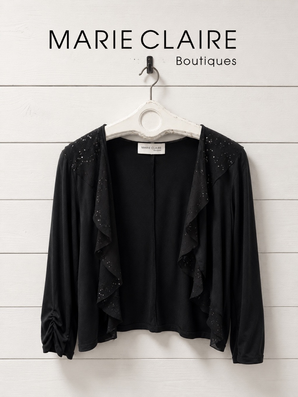 Marie Claire Boutiques Black Ruffle Open Front Cardigan – Size XL